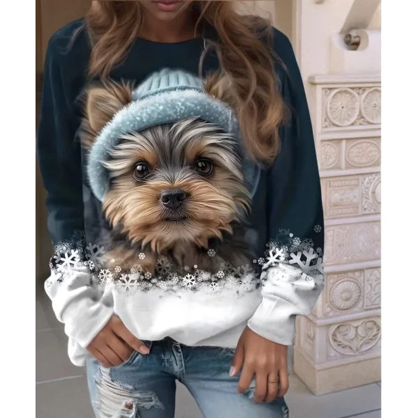 Kadın Uzun Kollu Bisiklet Yaka Köpek Baskılı şardonlu Dalgıç Bluz