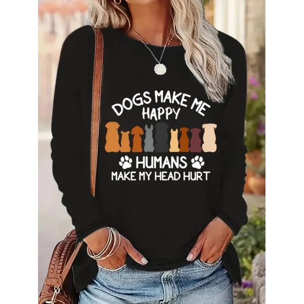 Kadın Uzun Kollu Bisiklet Yaka Köpek Resimli Viskon Bluz