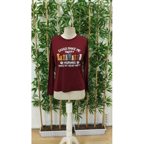 Kadın Uzun Kollu Bisiklet Yaka Köpek Resimli Viskon Bluz