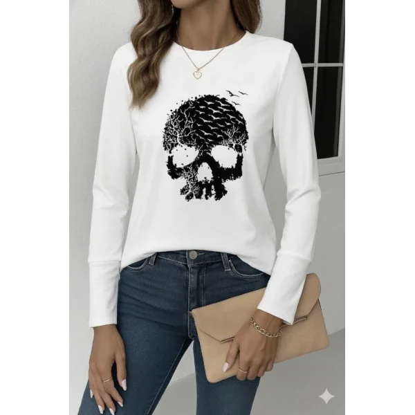 Kadın Uzun Kollu Bisiklet Yaka Kurukafa Desenli Viskon Bluz