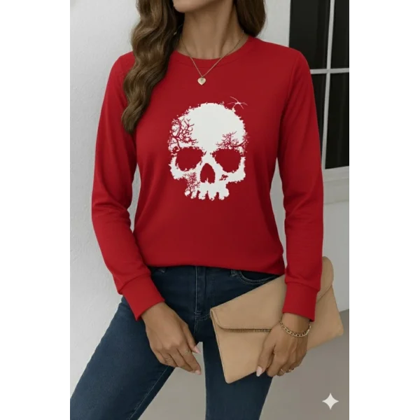 Kadın Uzun Kollu Bisiklet Yaka Kurukafa Desenli Viskon Bluz