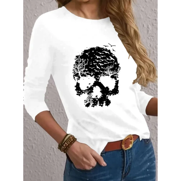 Kadın Uzun Kollu Bisiklet Yaka Kurukafa Desenli Viskon Bluz