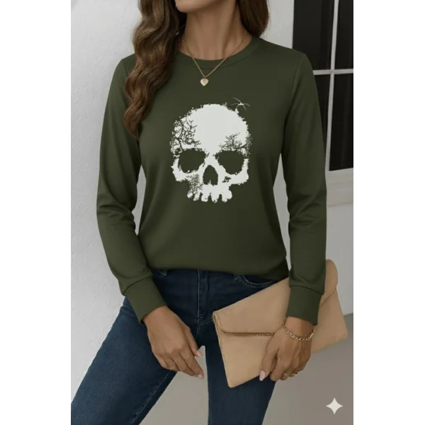 Kadın Uzun Kollu Bisiklet Yaka Kurukafa Desenli Viskon Bluz