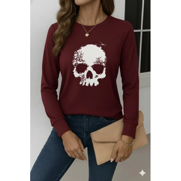 Kadın Uzun Kollu Bisiklet Yaka Kurukafa Desenli Viskon Bluz