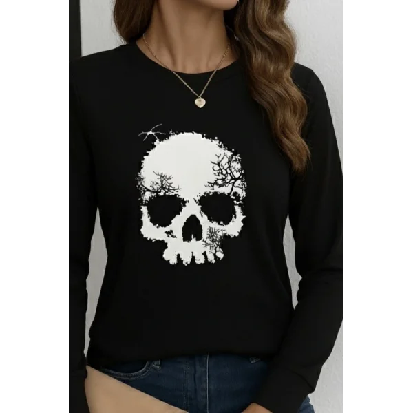 Kadın Uzun Kollu Bisiklet Yaka Kurukafa Desenli Viskon Bluz