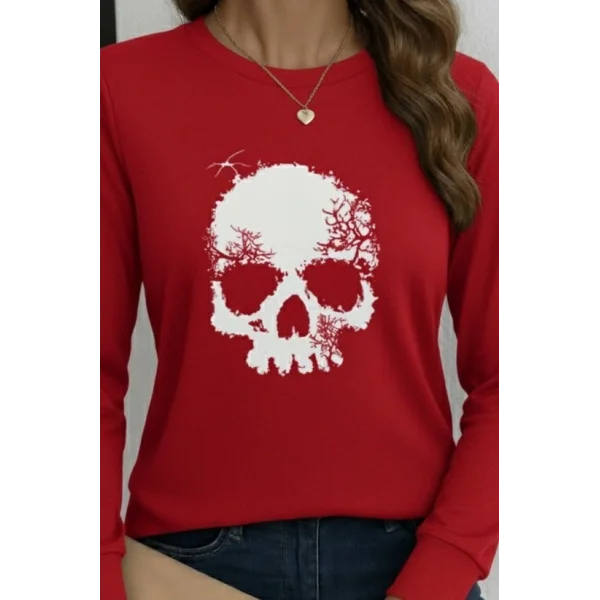 Kadın Uzun Kollu Bisiklet Yaka Kurukafa Desenli Viskon Bluz