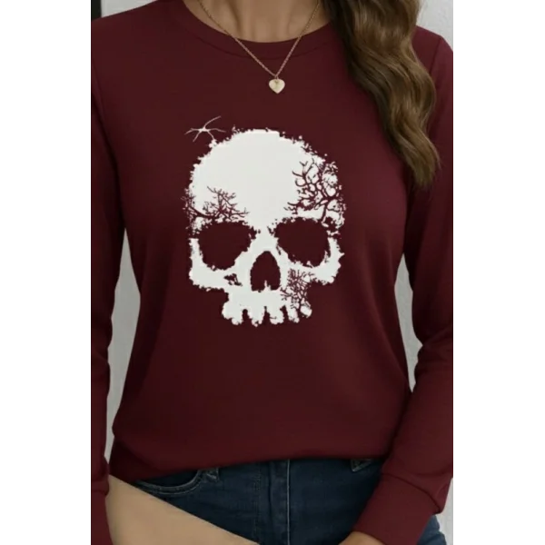 Kadın Uzun Kollu Bisiklet Yaka Kurukafa Desenli Viskon Bluz