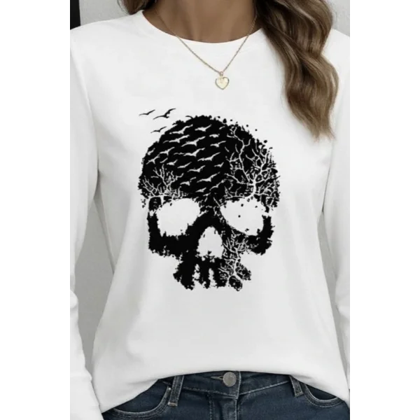 Kadın Uzun Kollu Bisiklet Yaka Kurukafa Desenli Viskon Bluz