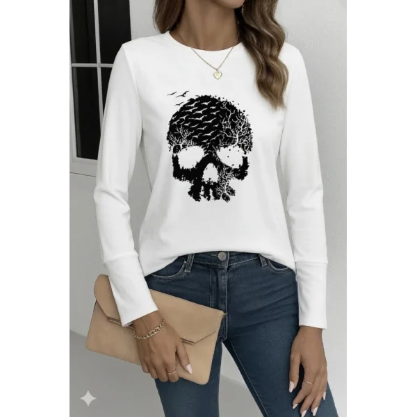 Kadın Uzun Kollu Bisiklet Yaka Kurukafa Desenli Viskon Bluz