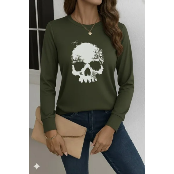 Kadın Uzun Kollu Bisiklet Yaka Kurukafa Desenli Viskon Bluz