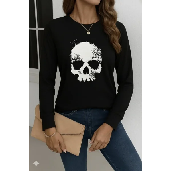 Kadın Uzun Kollu Bisiklet Yaka Kurukafa Desenli Viskon Bluz