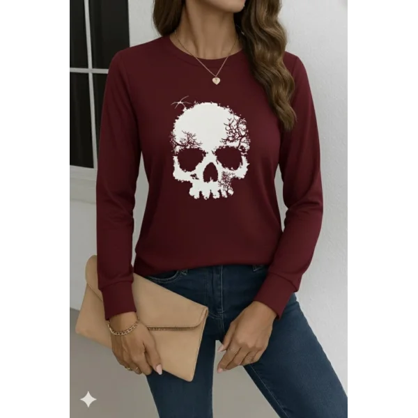 Kadın Uzun Kollu Bisiklet Yaka Kurukafa Desenli Viskon Bluz