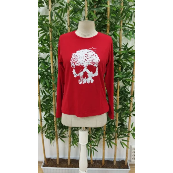 Kadın Uzun Kollu Bisiklet Yaka Kurukafa Desenli Viskon Bluz