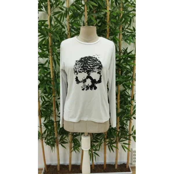 Kadın Uzun Kollu Bisiklet Yaka Kurukafa Desenli Viskon Bluz