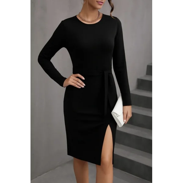 Kadın Uzun Kollu Bisiklet Yaka Kuşaklı Kruvaze Yırtmaç Detay Viskon Elbise