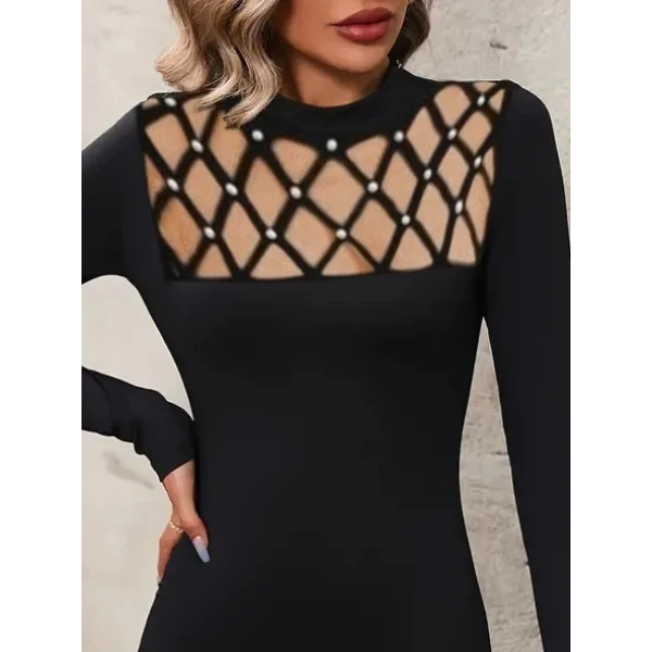 Kadın Uzun Kollu Bisiklet Yaka Lazer Kesim Inci Detay Viskon Iki Iplik Mini Boy Elbise