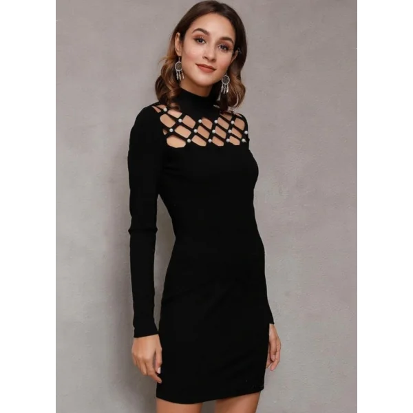 Kadın Uzun Kollu Bisiklet Yaka Lazer Kesim Inci Detay Viskon Iki Iplik Mini Boy Elbise