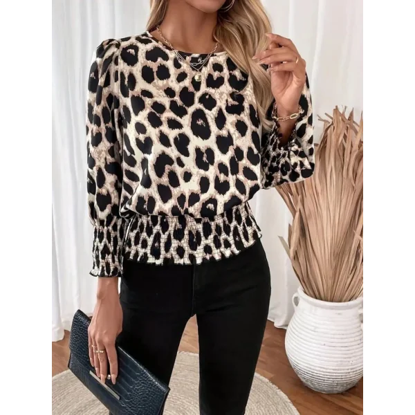 Kadın Uzun Kollu Bisiklet Yaka Leopar Desenli Modal Bluz