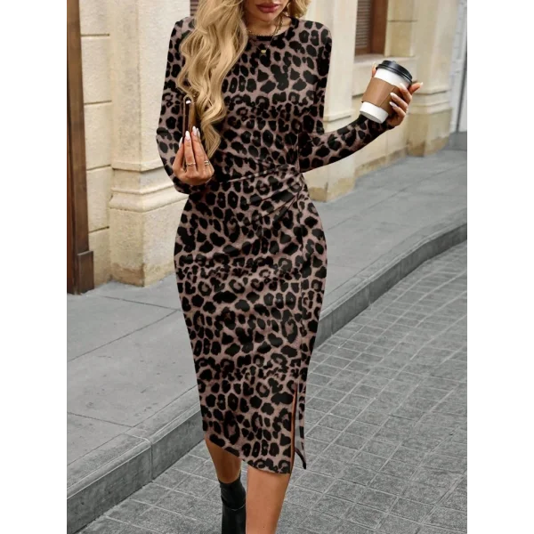 Kadın Uzun Kollu Bisiklet Yaka Leopar Desenli Modal Midi Elbise