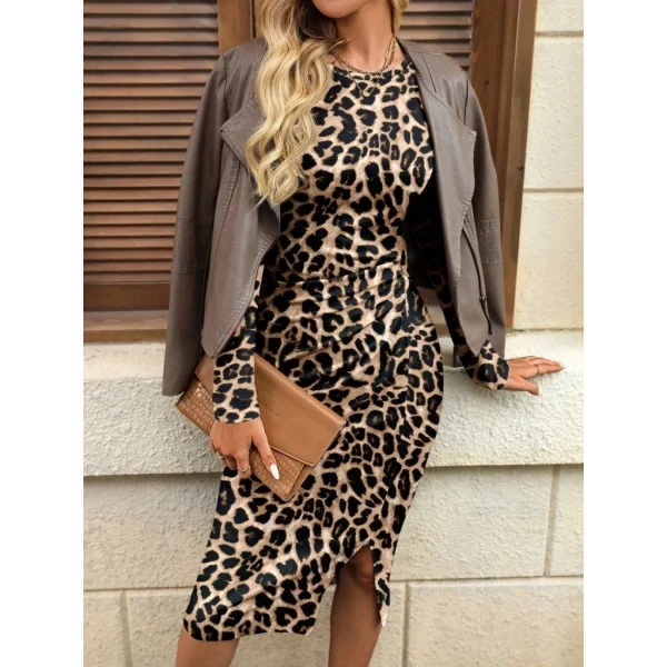 Kadın Uzun Kollu Bisiklet Yaka Leopar Desenli Modal Midi Elbise