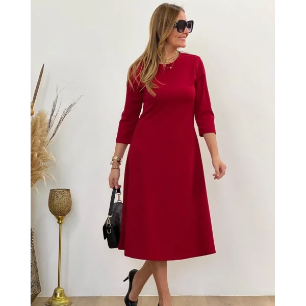 Kadın Uzun Kollu Bisiklet Yaka Midi Ithal Krep Elbise