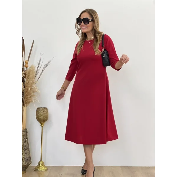 Kadın Uzun Kollu Bisiklet Yaka Midi Ithal Krep Elbise