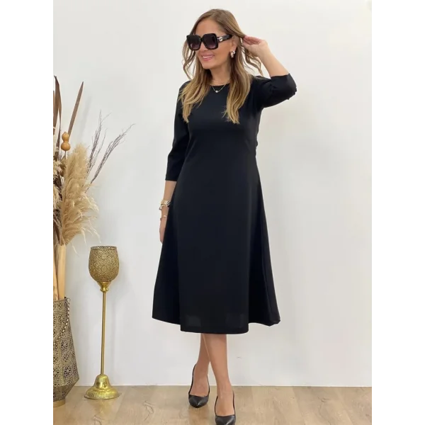 Kadın Uzun Kollu Bisiklet Yaka Midi Ithal Krep Elbise