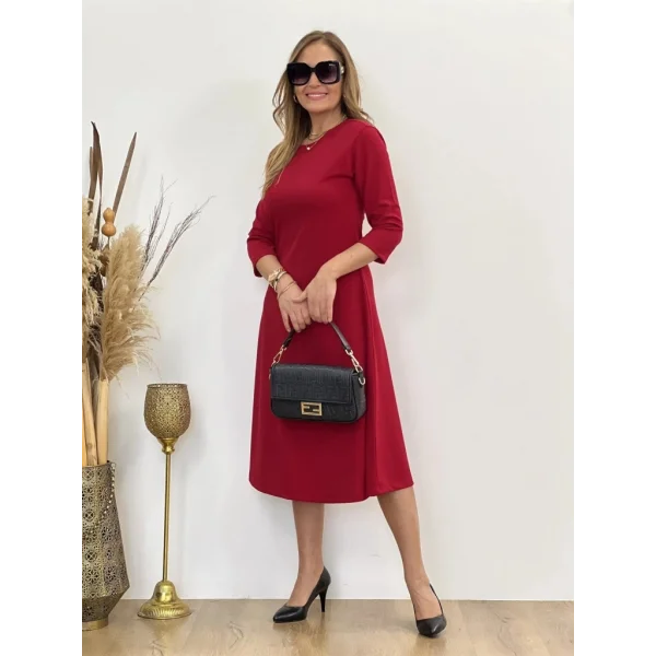 Kadın Uzun Kollu Bisiklet Yaka Midi Ithal Krep Elbise