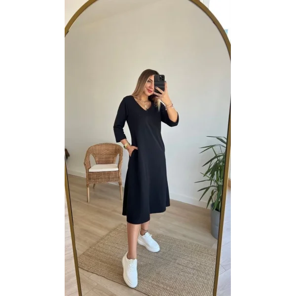 Kadın Uzun Kollu Bisiklet Yaka Midi Ithal Krep Elbise