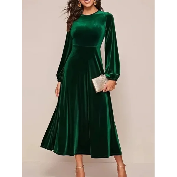 Kadın Uzun Kollu Bisiklet Yaka Midi Kadife Elbise