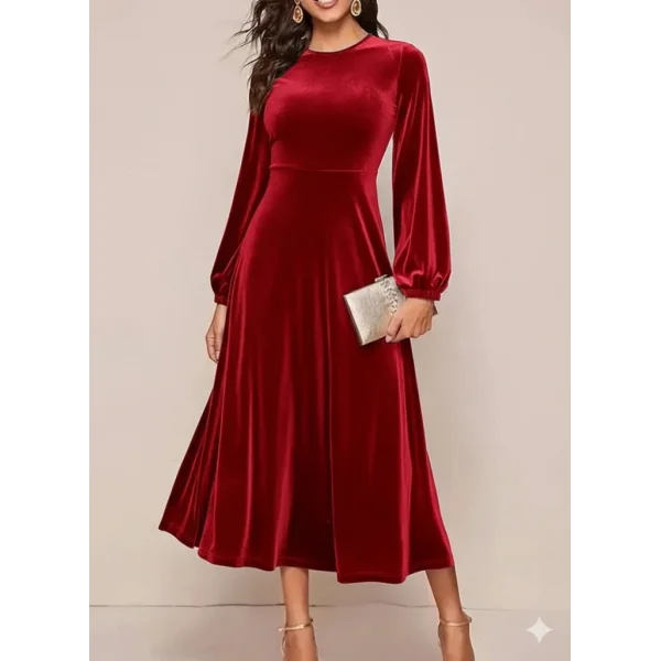Kadın Uzun Kollu Bisiklet Yaka Midi Kadife Elbise