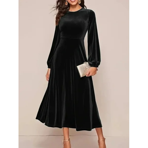Kadın Uzun Kollu Bisiklet Yaka Midi Kadife Elbise