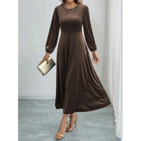 Kadın Uzun Kollu Bisiklet Yaka Midi Kadife Elbise