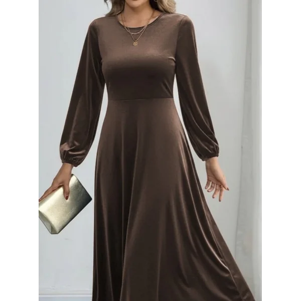 Kadın Uzun Kollu Bisiklet Yaka Midi Kadife Elbise