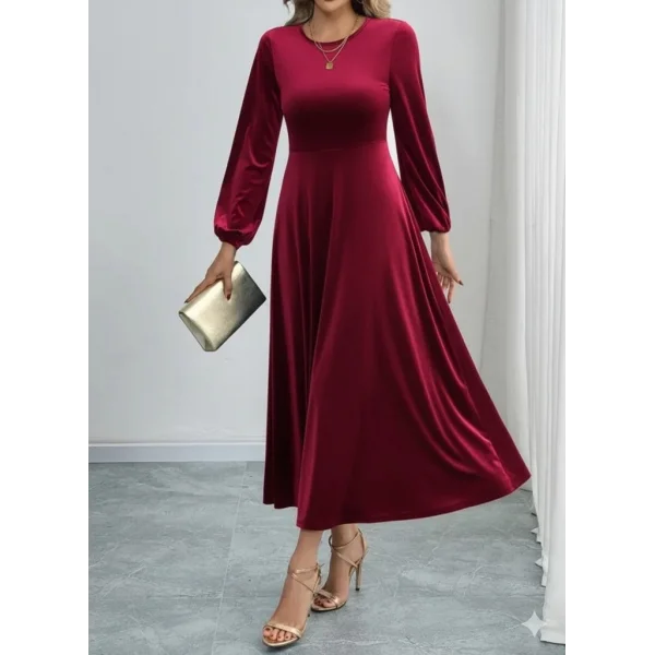 Kadın Uzun Kollu Bisiklet Yaka Midi Kadife Elbise