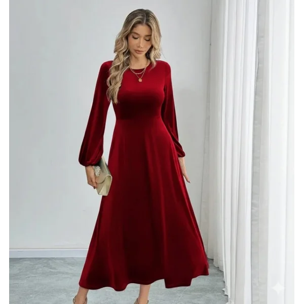 Kadın Uzun Kollu Bisiklet Yaka Midi Kadife Elbise