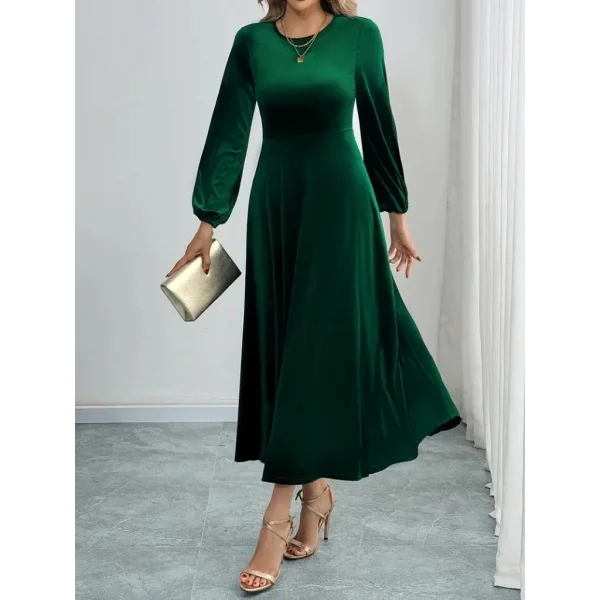 Kadın Uzun Kollu Bisiklet Yaka Midi Kadife Elbise