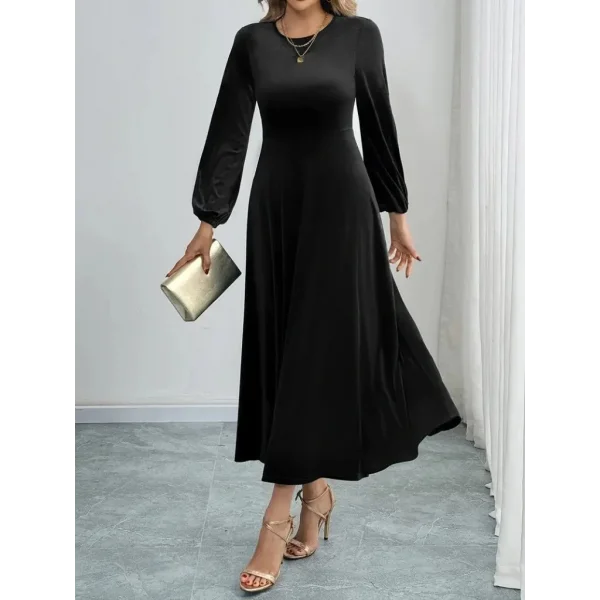 Kadın Uzun Kollu Bisiklet Yaka Midi Kadife Elbise