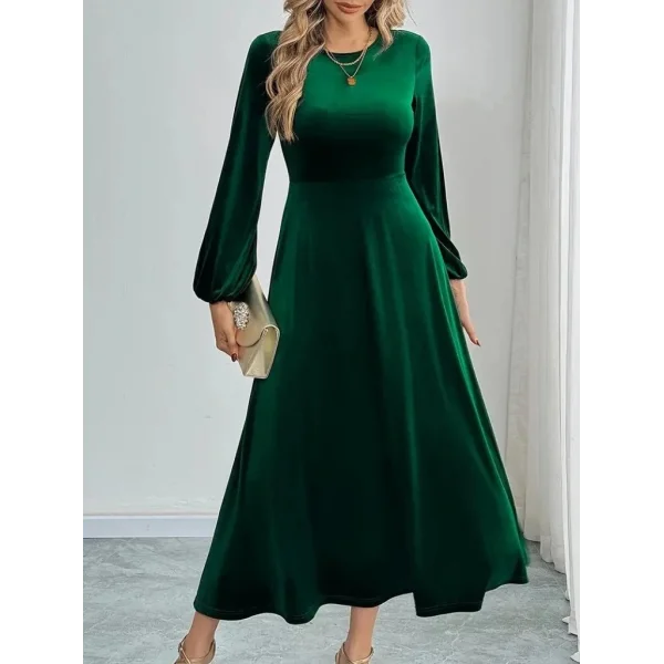 Kadın Uzun Kollu Bisiklet Yaka Midi Kadife Elbise