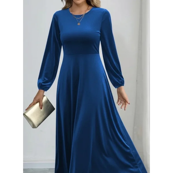Kadın Uzun Kollu Bisiklet Yaka Midi Kadife Mavi Elbise