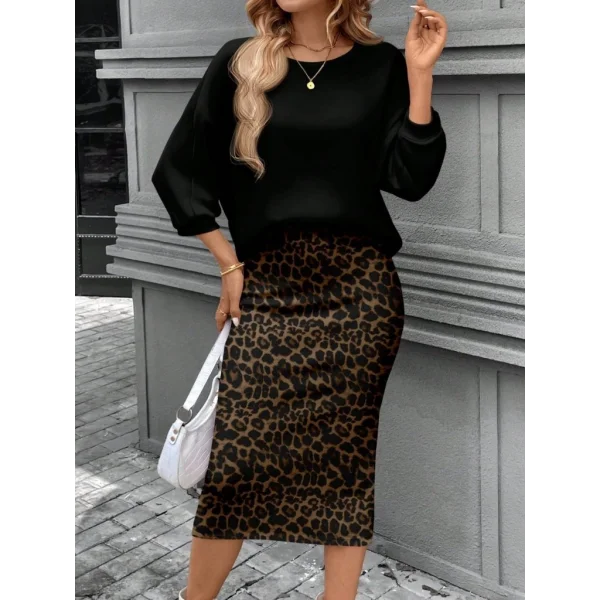 Kadın Uzun Kollu Bisiklet Yaka Modal Bluz Ve Leopar Desenli Etek Ikili Takım