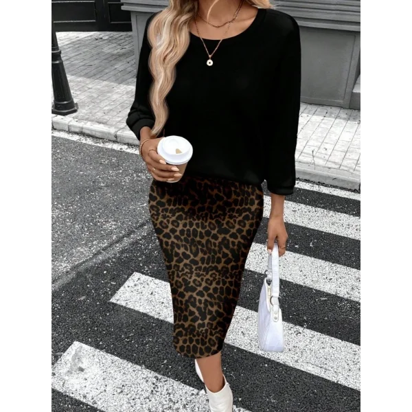 Kadın Uzun Kollu Bisiklet Yaka Modal Bluz Ve Leopar Desenli Etek Ikili Takım