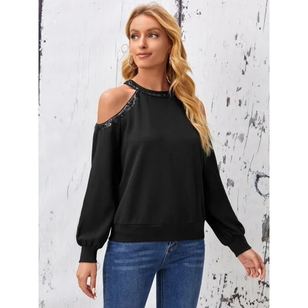 Kadın Uzun Kollu Bisiklet Yaka Omuz Açık Detaylı Krep Bluz