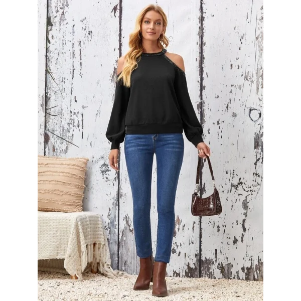 Kadın Uzun Kollu Bisiklet Yaka Omuz Açık Detaylı Krep Bluz