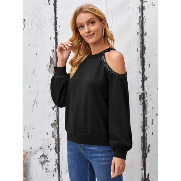 Kadın Uzun Kollu Bisiklet Yaka Omuz Açık Detaylı Krep Bluz