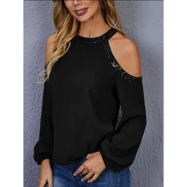 Kadın Uzun Kollu Bisiklet Yaka Omuz Açık Detaylı Krep Bluz