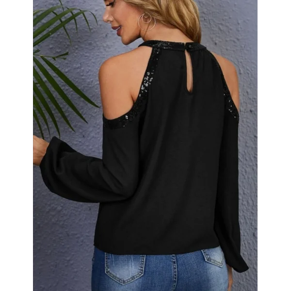 Kadın Uzun Kollu Bisiklet Yaka Omuz Açık Detaylı Krep Bluz