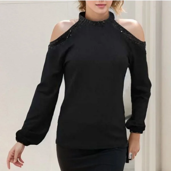 Kadın Uzun Kollu Bisiklet Yaka Omuz Açık Detaylı Krep Bluz