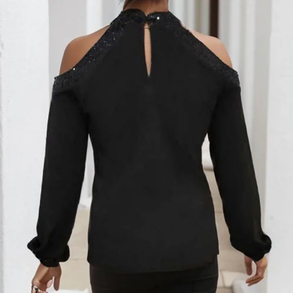 Kadın Uzun Kollu Bisiklet Yaka Omuz Açık Detaylı Krep Bluz