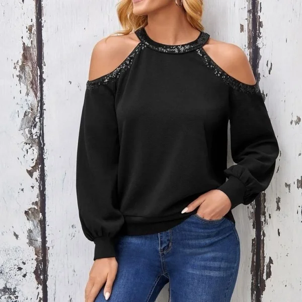 Kadın Uzun Kollu Bisiklet Yaka Omuz Açık Detaylı Krep Bluz